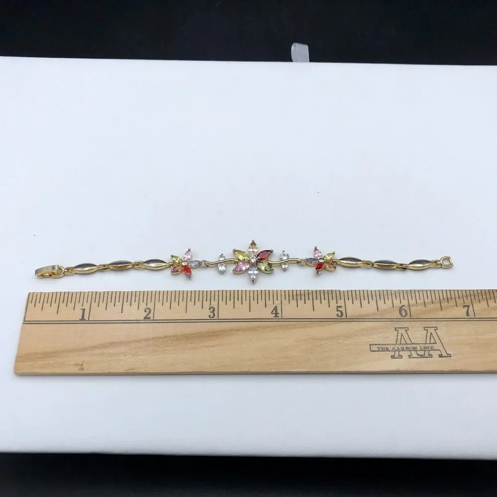 Multi Color Crystal Bracelet 6.5 inch Rhinestone Flower Link Leaf Vine Gold Tone - Picture 9 of 10